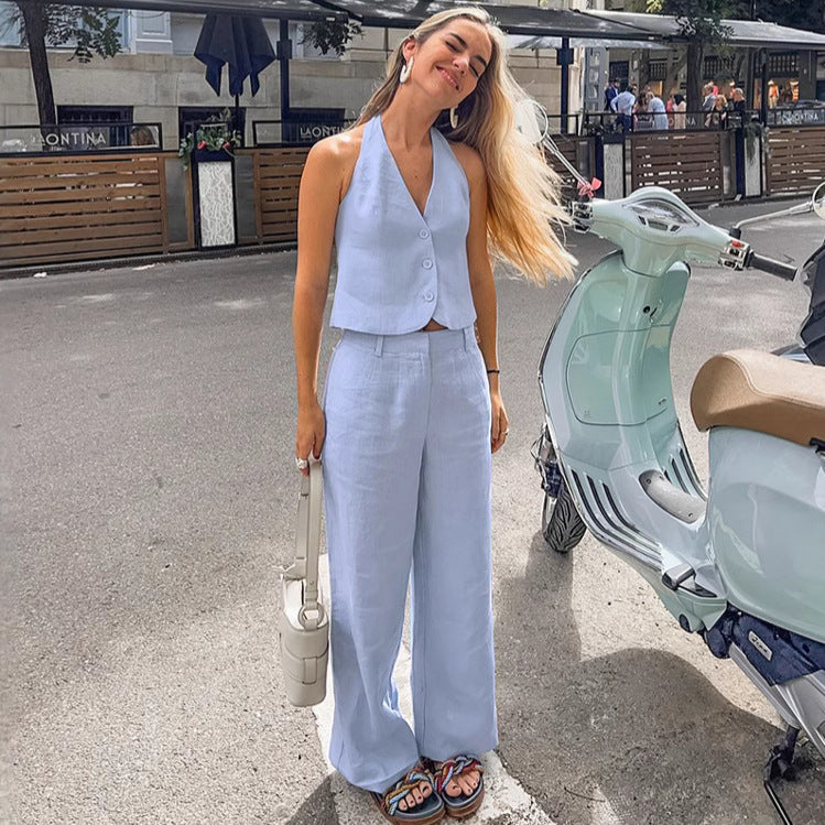 Women's Breathable Linen-Cotton Suit: Sleeveless Vest & Trousers Set
