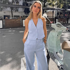 Women's Breathable Linen-Cotton Suit: Sleeveless Vest & Trousers Set